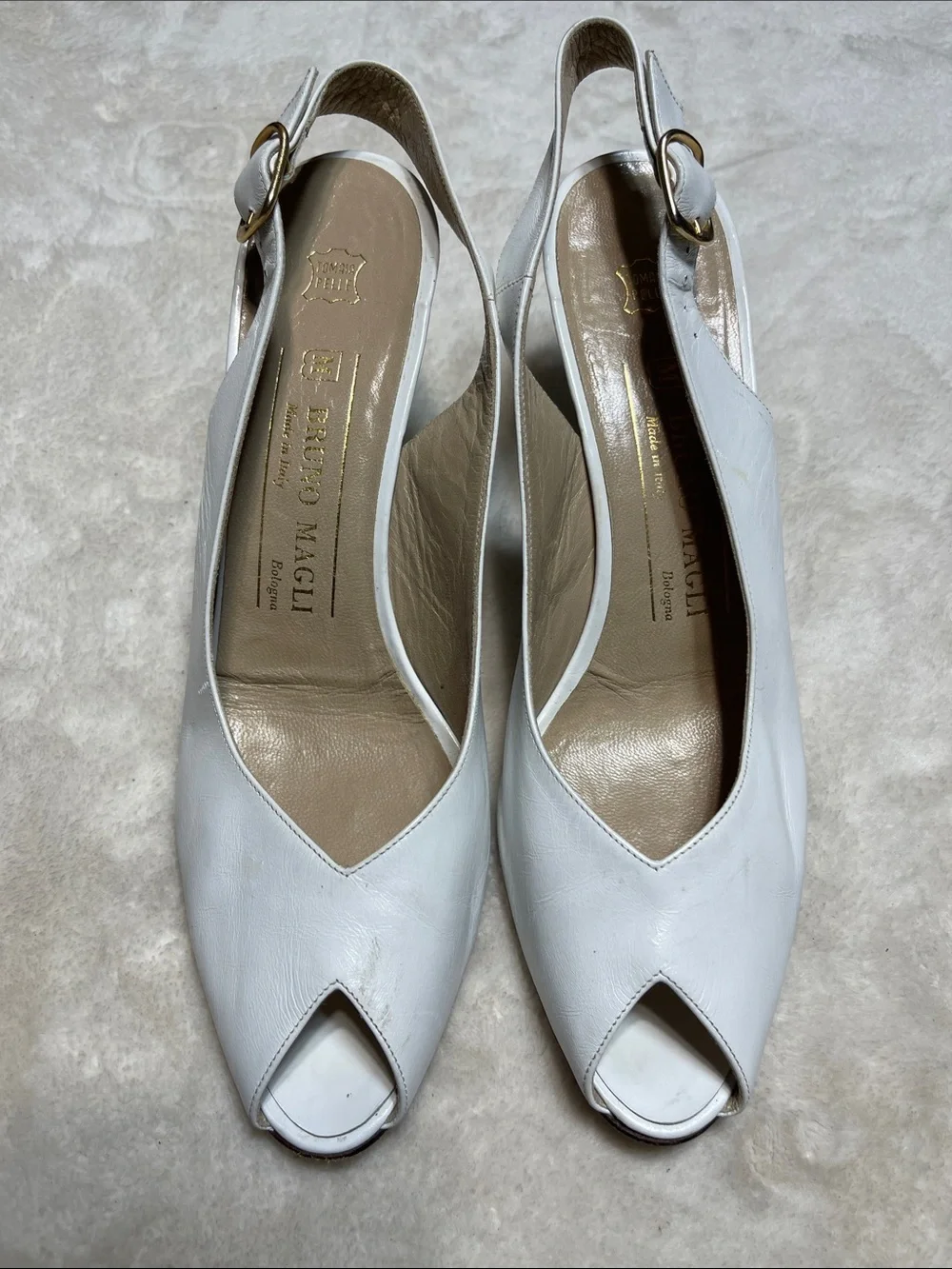 Bruno Magli White Leather Peep-Toe Slingback Heels Size 7 AA
